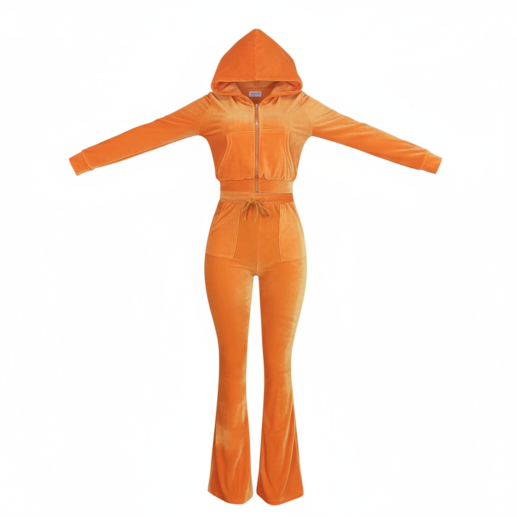 Velour Two Pieces Full Zipper Hooded Tracksuits with Pockets