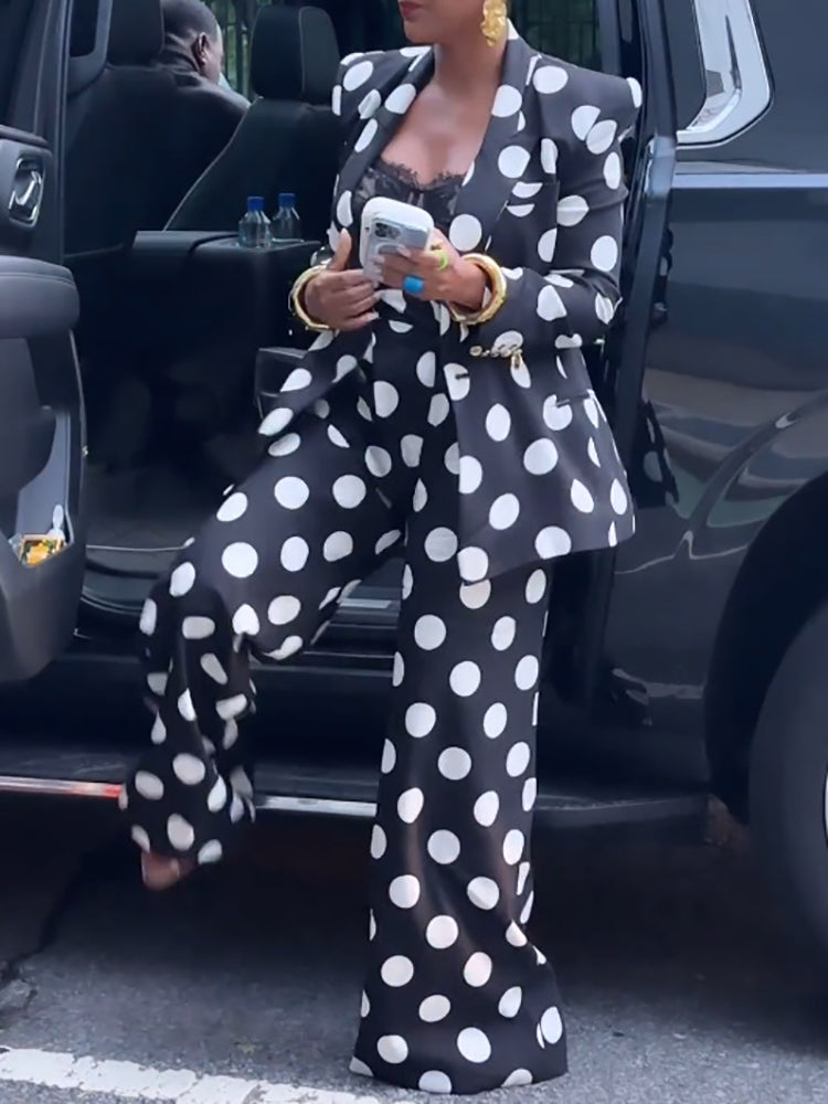 Two-Piece Polka Dot Print Pants Set with Belt