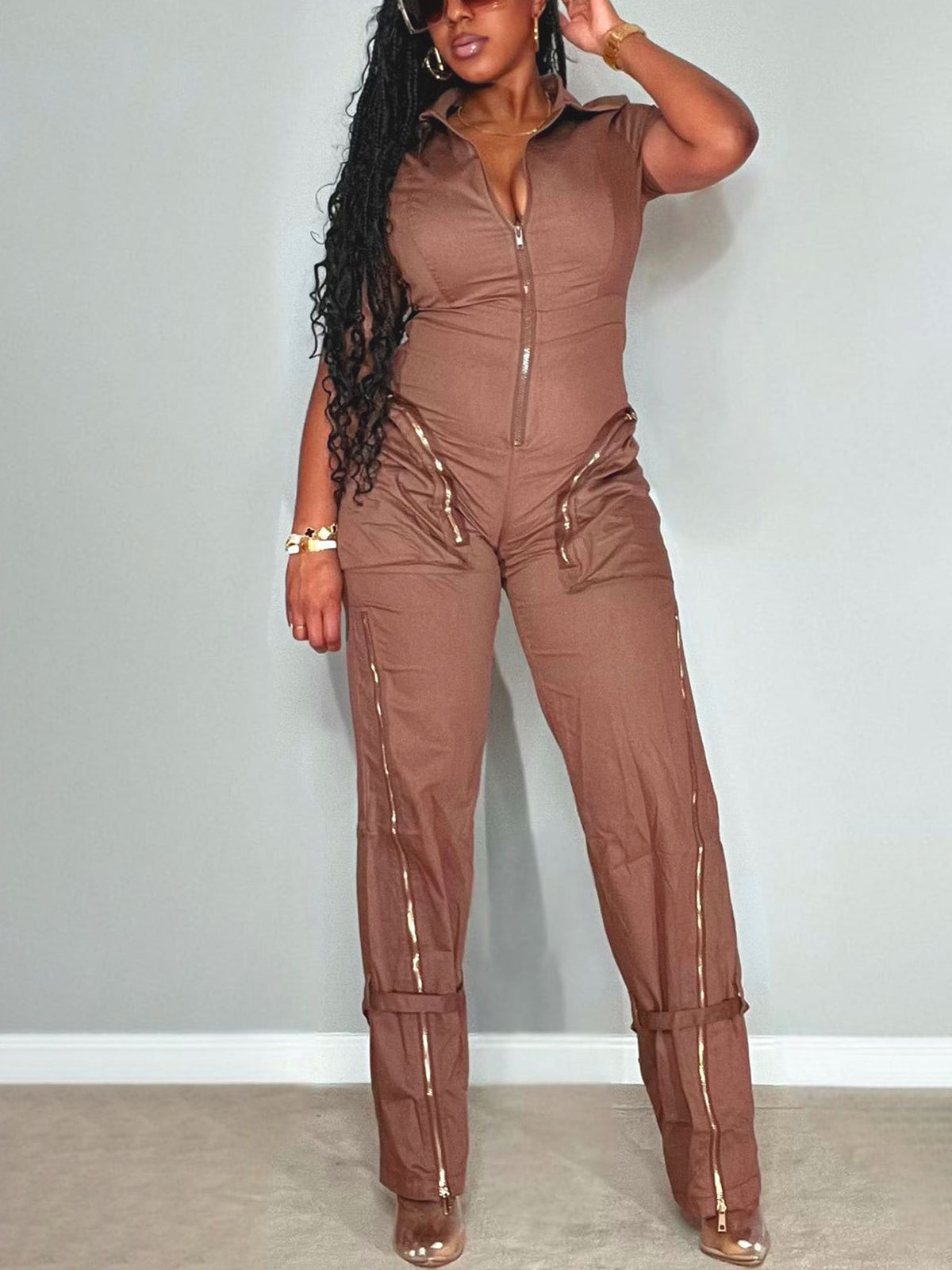 Short Sleeve Zipper Pocket Wide Leg Jumpsuit