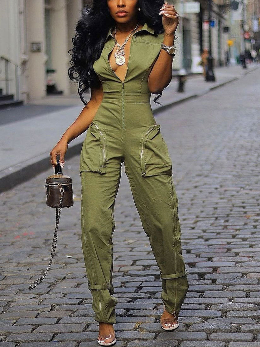 Short Sleeve Zipper Pocket Wide Leg Jumpsuit