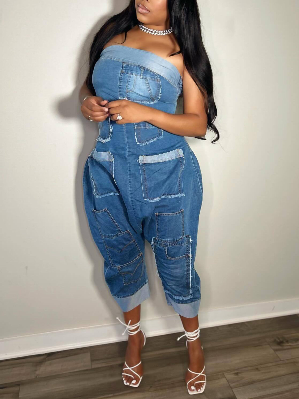 Multiple Pockets Denim Utility Jumpsuit