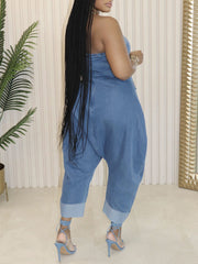 Multiple Pockets Denim Utility Jumpsuit