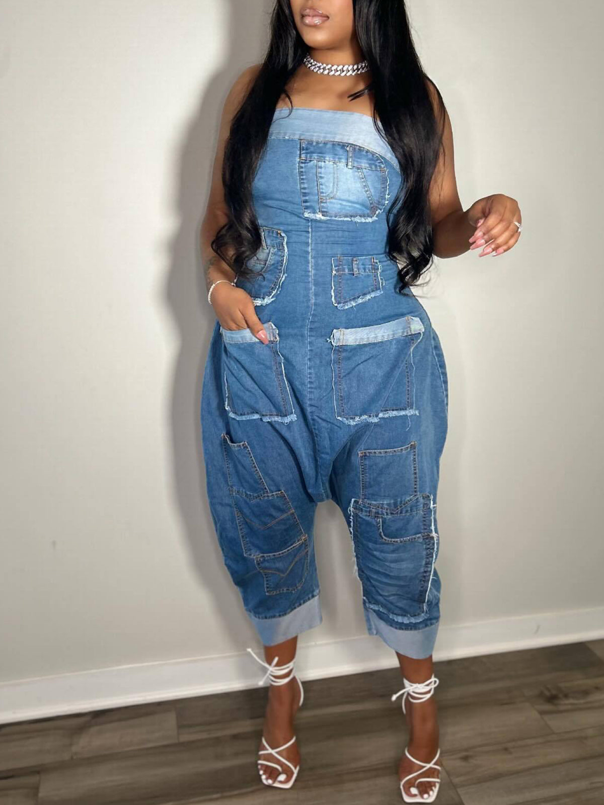 Multiple Pockets Denim Utility Jumpsuit