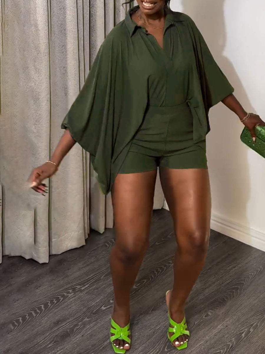 Two-Piece Solid Color Batwing Sleeve Shirt Set