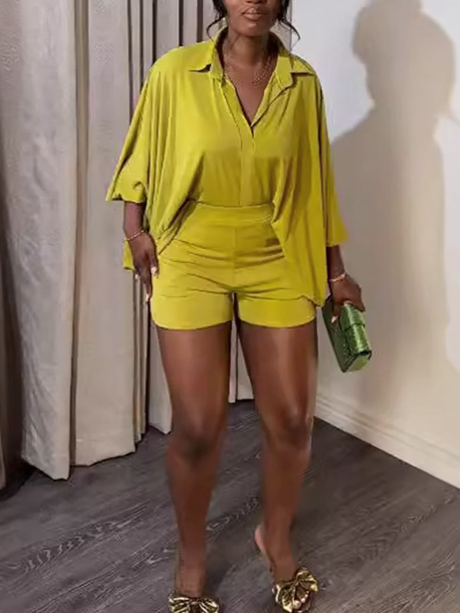 Two-Piece Solid Color Batwing Sleeve Shirt Set