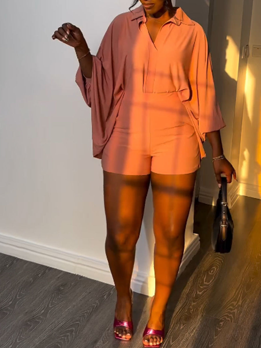 Two-Piece Solid Color Batwing Sleeve Shirt Set