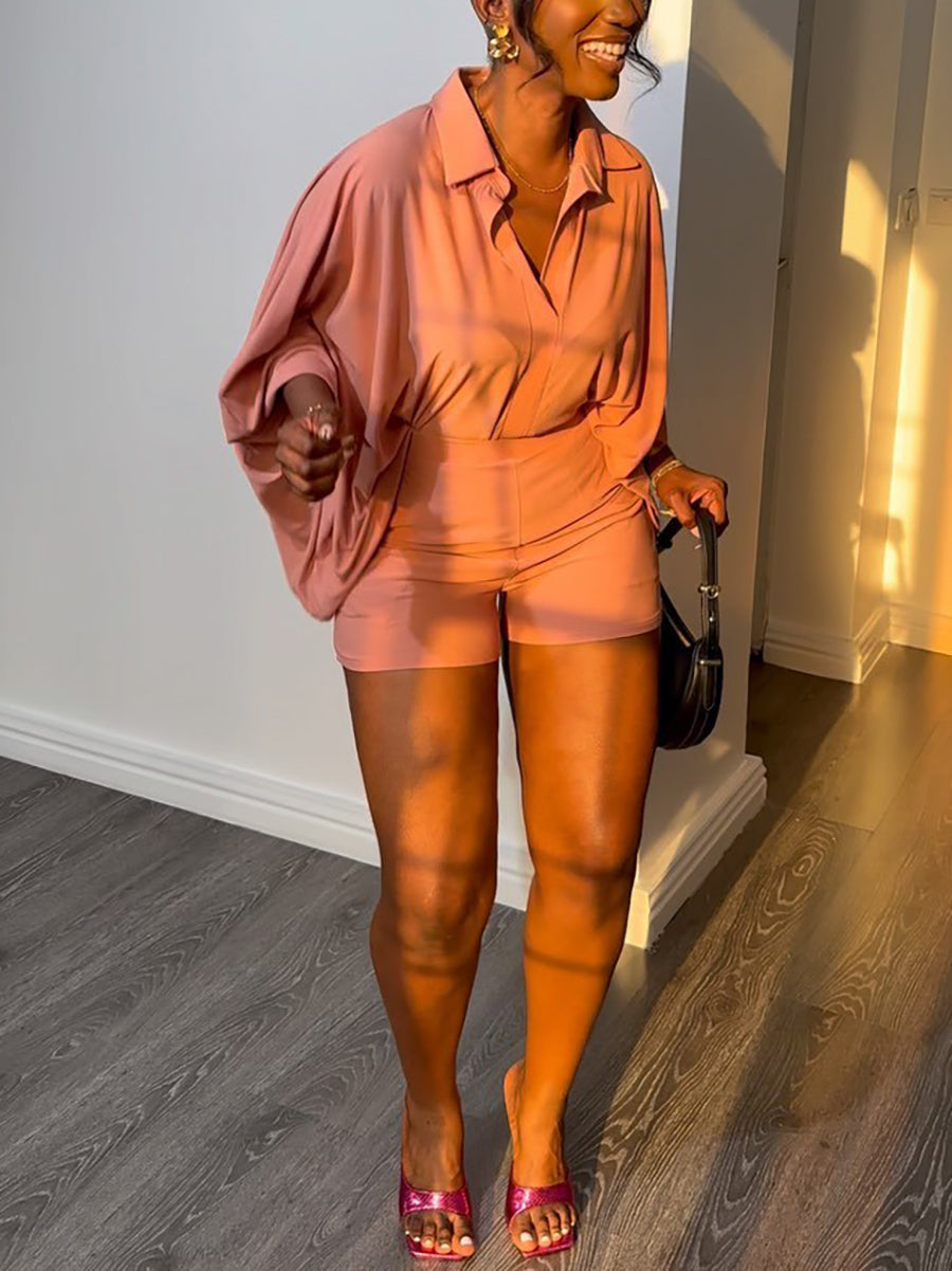 Two-Piece Solid Color Batwing Sleeve Shirt Set