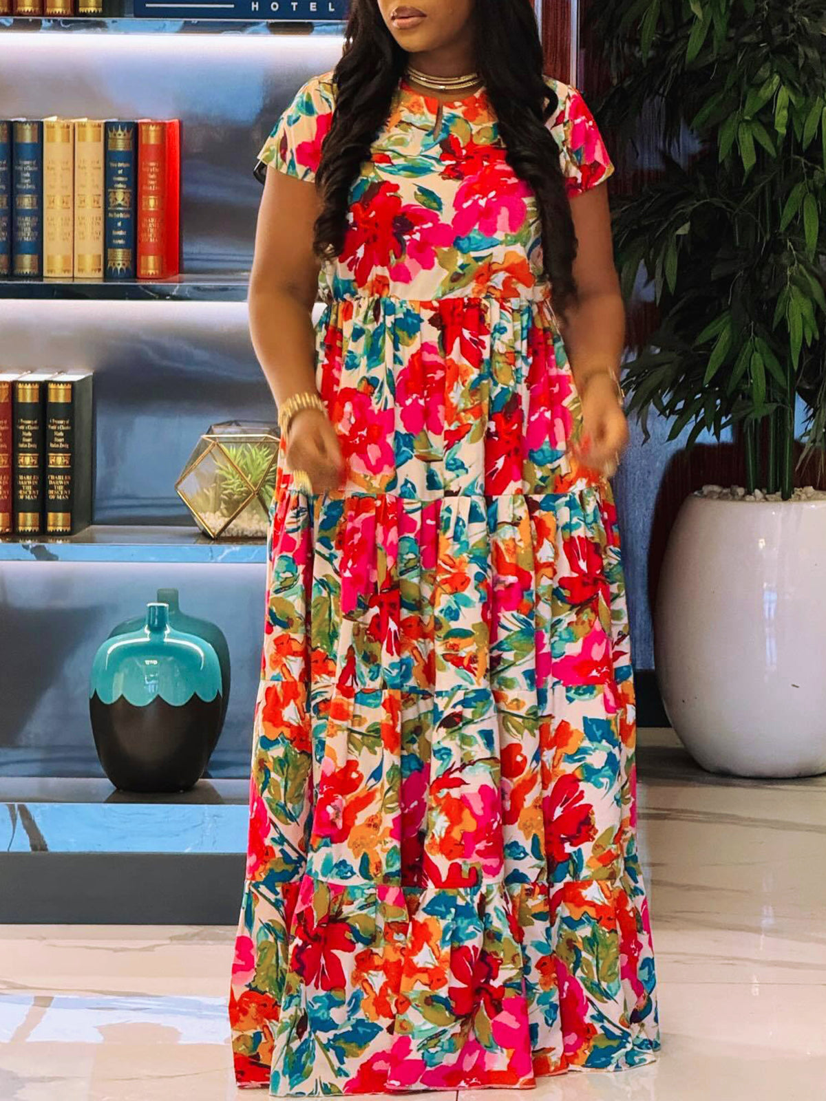 Short Sleeve Floral Print Maxi Dress