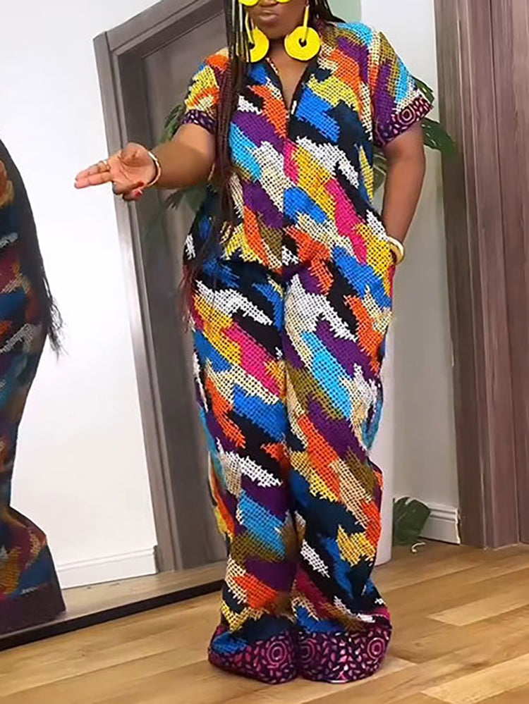 Print Zipper Wide Leg Jumpsuit