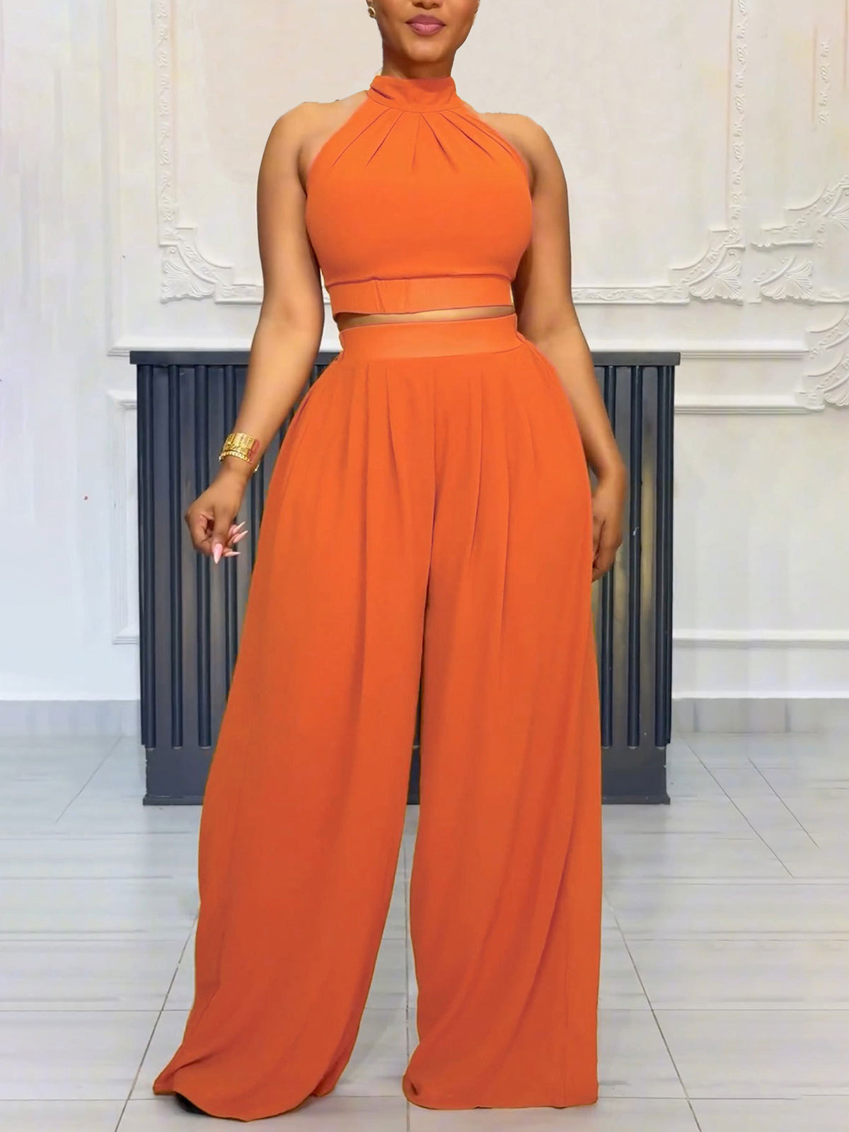 Two-Piece Halter Neck Top Wide Leg Pants Set