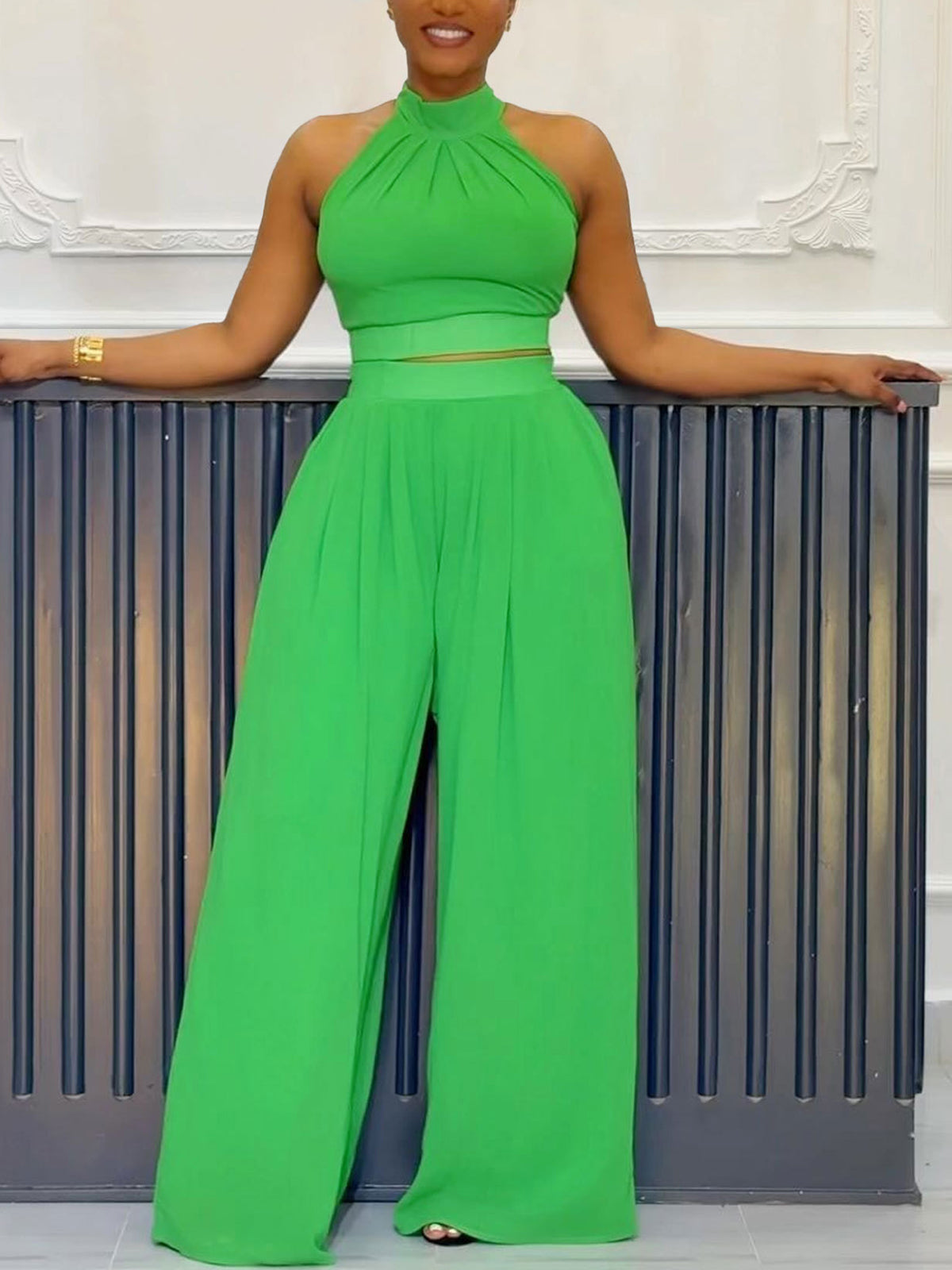 Two-Piece Halter Neck Top Wide Leg Pants Set