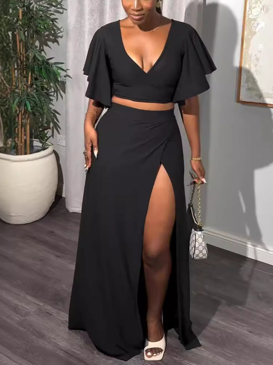 Two-Piece Bell Sleeve Slit Skirt Set