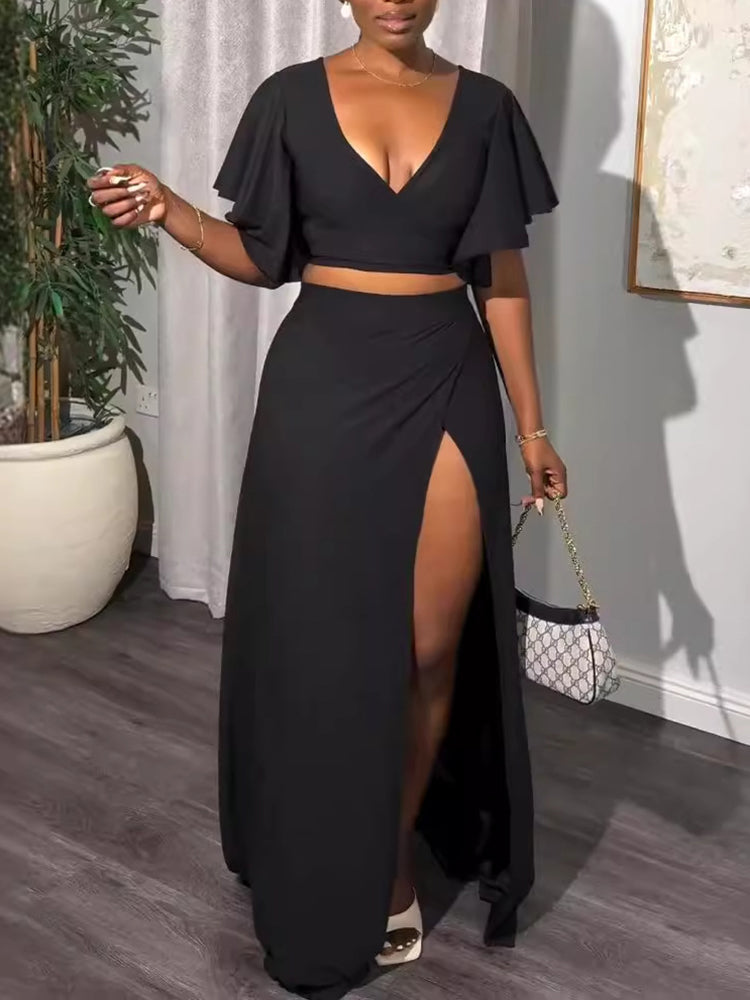 Two-Piece Bell Sleeve Slit Skirt Set