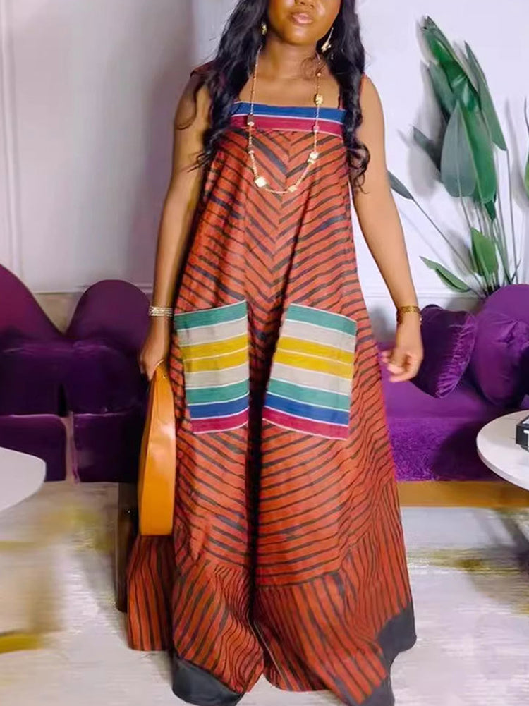 Strap Print Pockets Wide Leg Jumpsuit