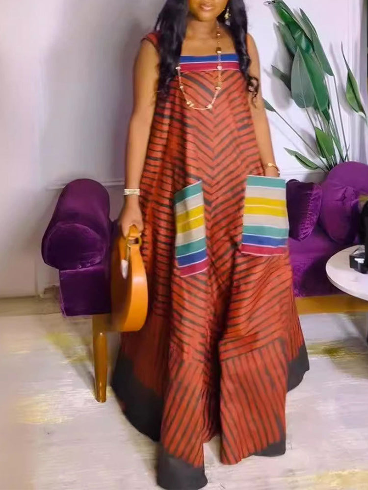 Strap Print Pockets Wide Leg Jumpsuit