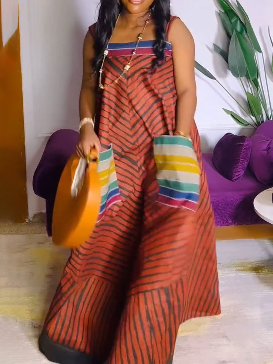 Strap Print Pockets Wide Leg Jumpsuit