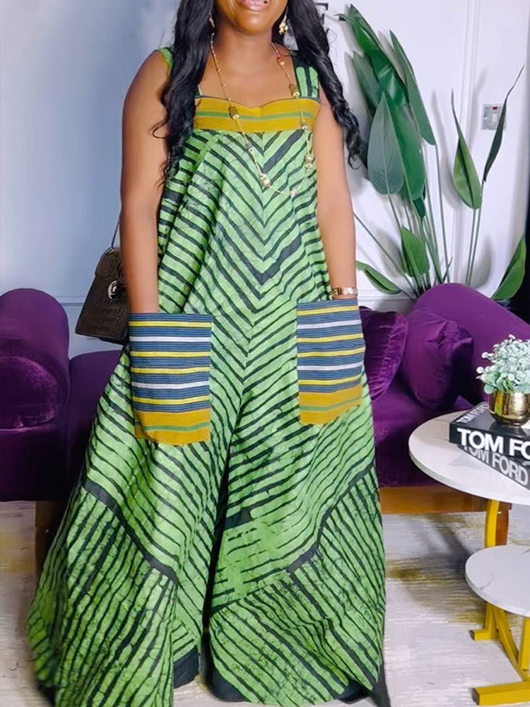 Strap Print Pockets Wide Leg Jumpsuit