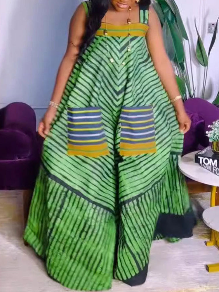 Strap Print Pockets Wide Leg Jumpsuit