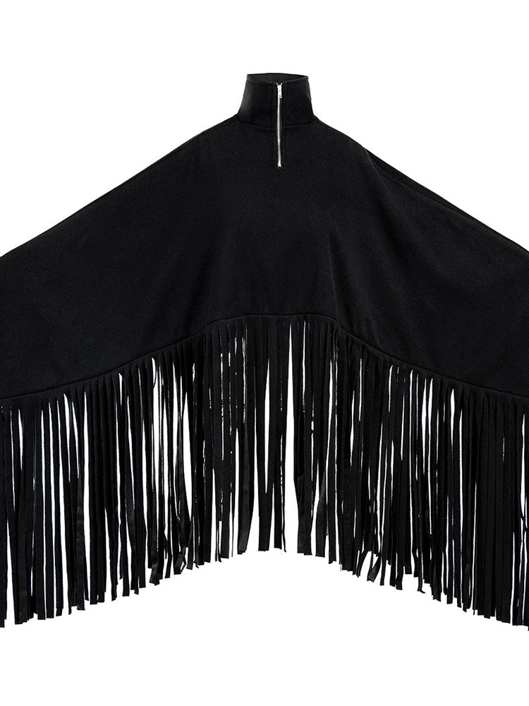 Batwing Sleeve Zipper Tassel Ponchos Top