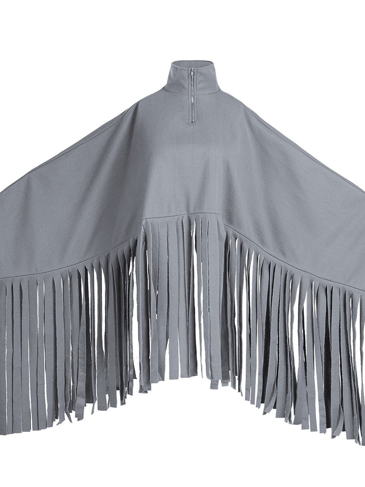Batwing Sleeve Zipper Tassel Ponchos Top