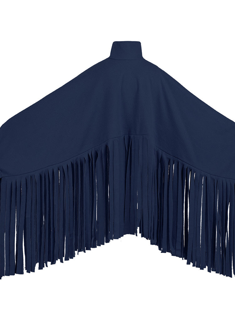 Batwing Sleeve Zipper Tassel Ponchos Top