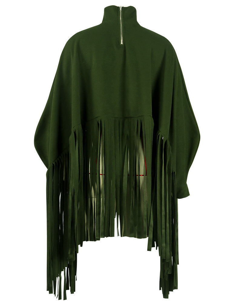 Batwing Sleeve Zipper Tassel Ponchos Top