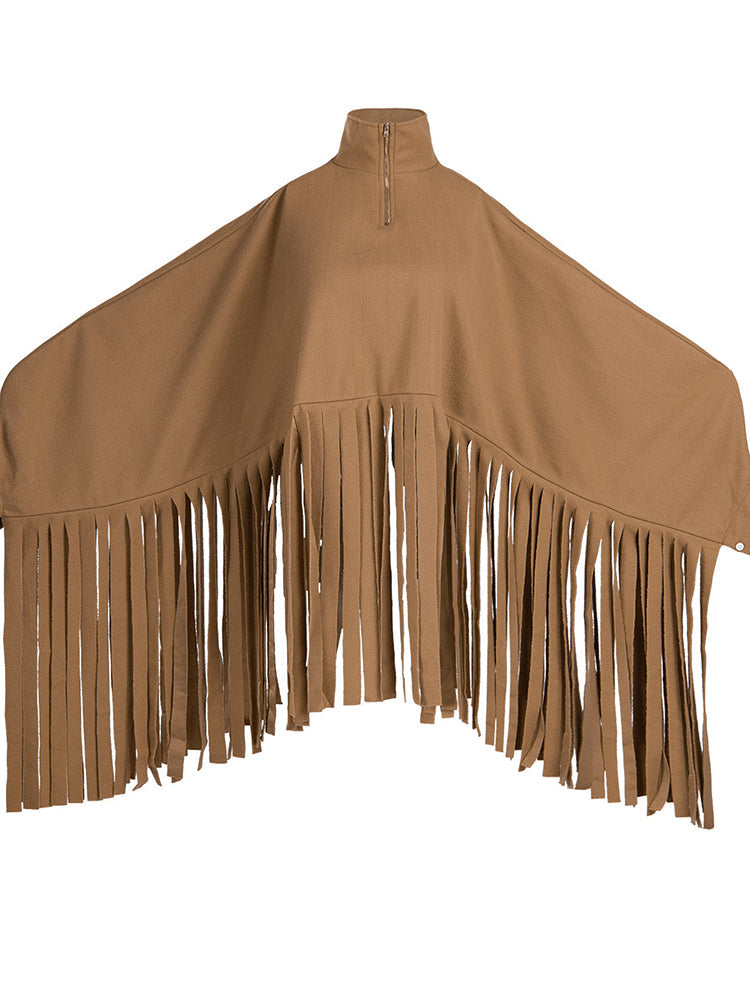 Batwing Sleeve Zipper Tassel Ponchos Top
