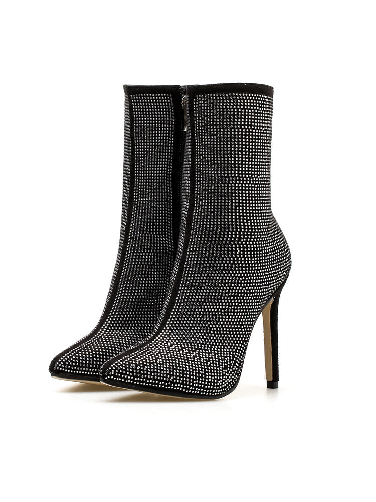 Rhinestone Zipper Heel Ankle Boots
