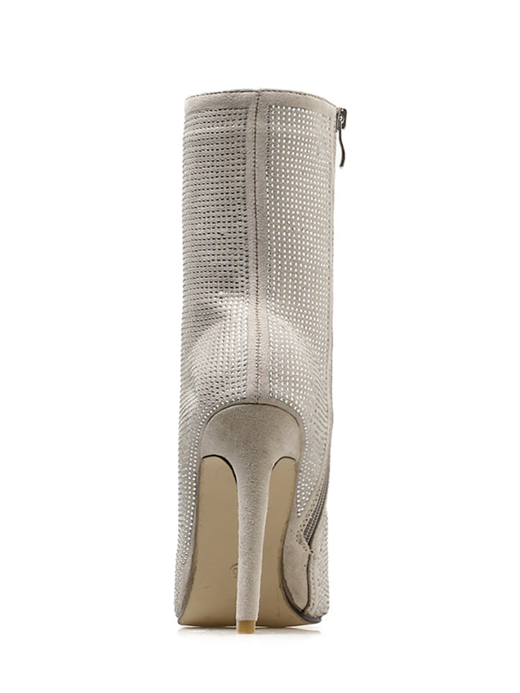 Rhinestone Zipper Heel Ankle Boots