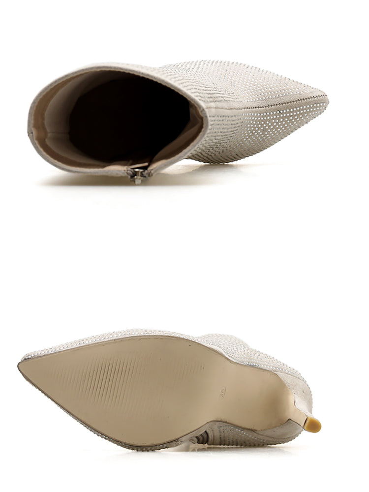 Rhinestone Zipper Heel Ankle Boots