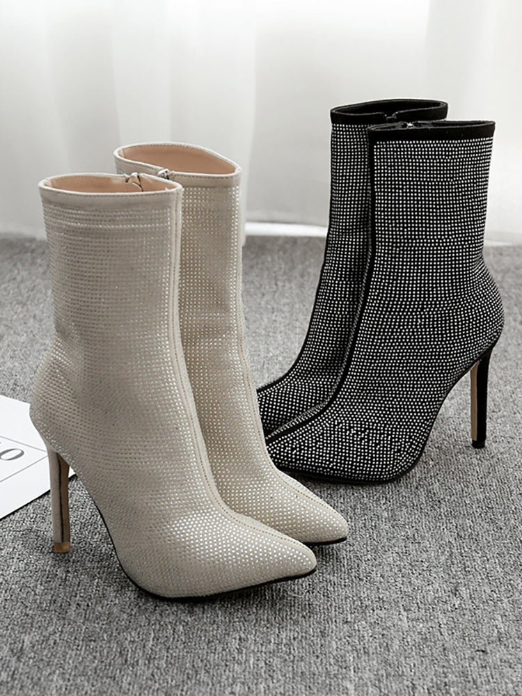 Rhinestone Zipper Heel Ankle Boots