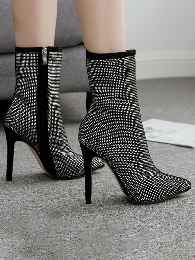 Rhinestone Zipper Heel Ankle Boots