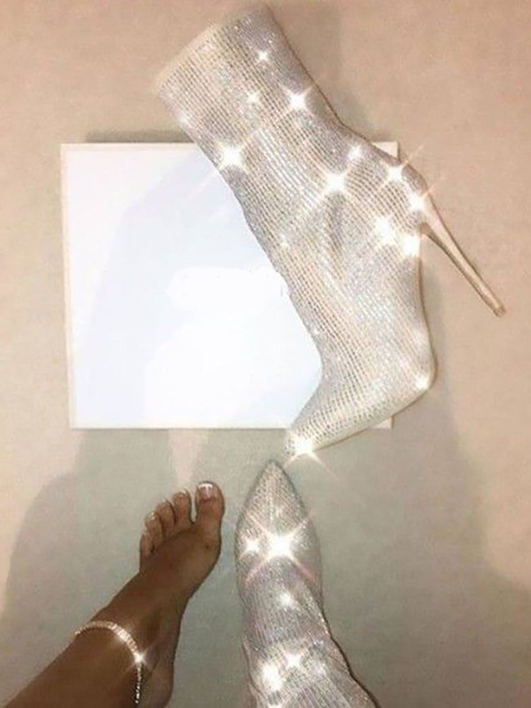 Rhinestone Zipper Heel Ankle Boots