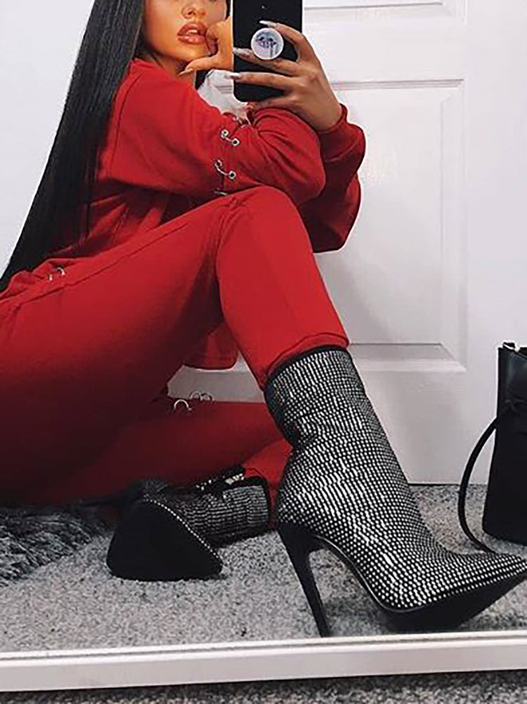 Rhinestone Zipper Heel Ankle Boots