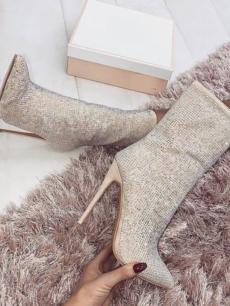 Rhinestone Zipper Heel Ankle Boots
