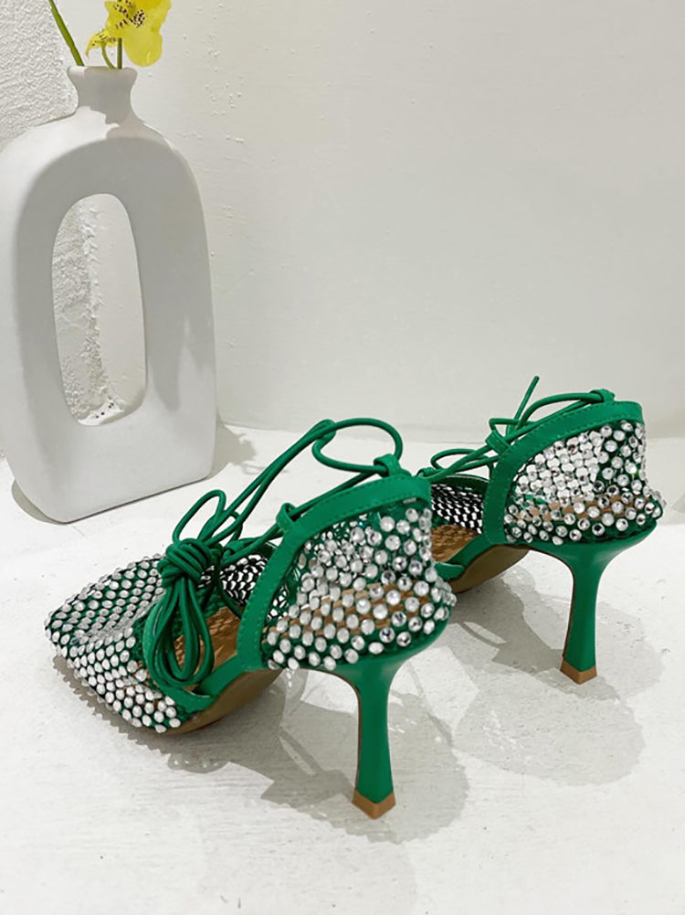 Sparkling Rhinestone Crossed Straps Hollow Out Heeled Sandal