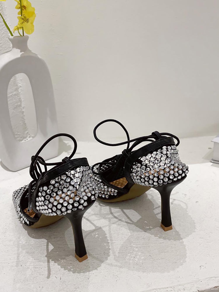 Sparkling Rhinestone Crossed Straps Hollow Out Heeled Sandal
