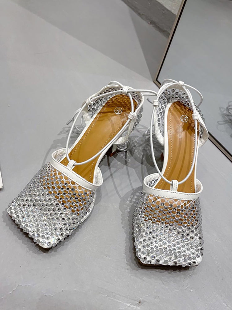 Sparkling Rhinestone Crossed Straps Hollow Out Heeled Sandal