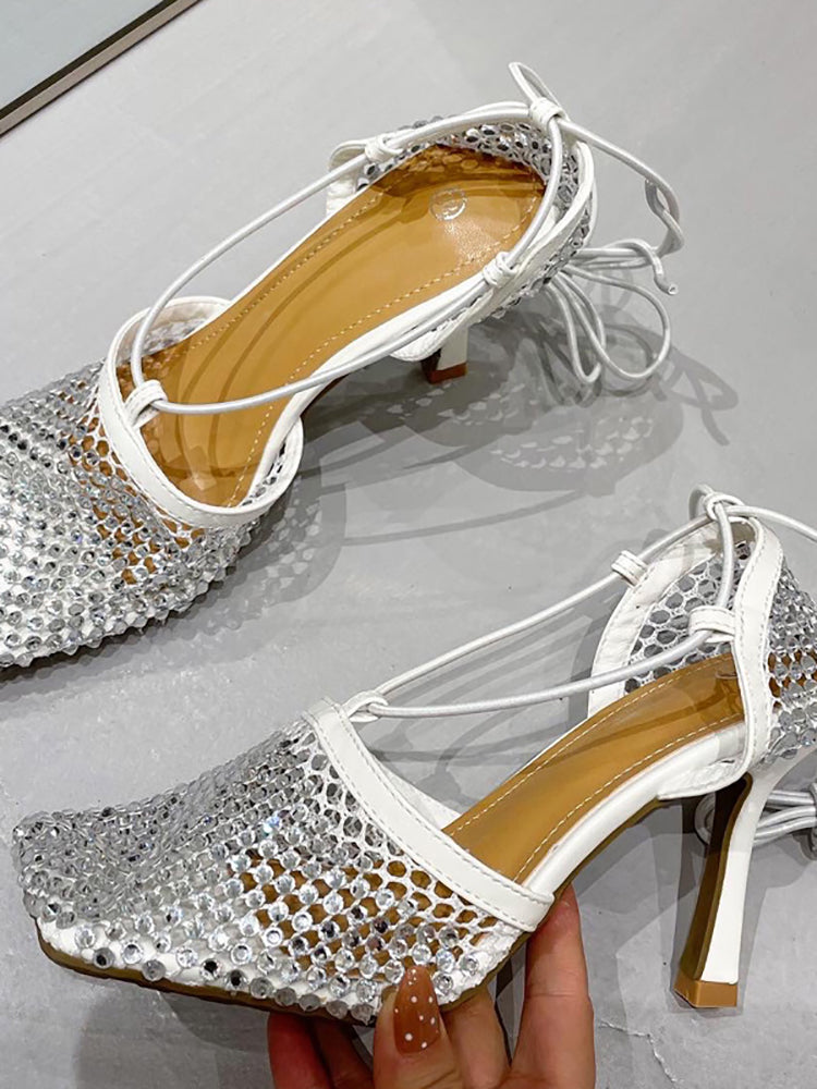 Sparkling Rhinestone Crossed Straps Hollow Out Heeled Sandal