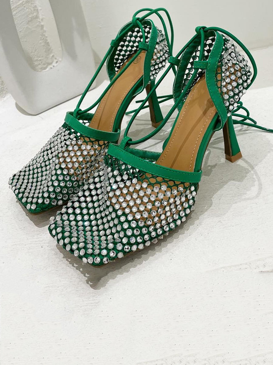 Sparkling Rhinestone Crossed Straps Hollow Out Heeled Sandal